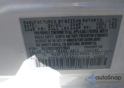 2021 Nissan Sentra Sv Xtronic Cvt из США, поврежденный, VIN 3N1AB8CV0MY278643